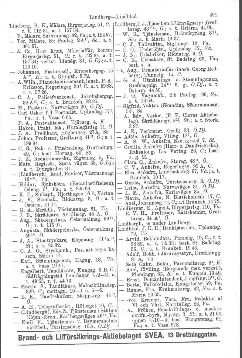 LindbergLindblad. 491 Lindberg, B. K., Målare, Birgerjarlsg. 51, C. Lindberg,J.J.,Tjänstem. ijärnvägsstyr.,grefr. t. 11234, a. t. 15734. tureg. 43 n. b., Ö.; a. t. Ostorm. 4490. _ F.