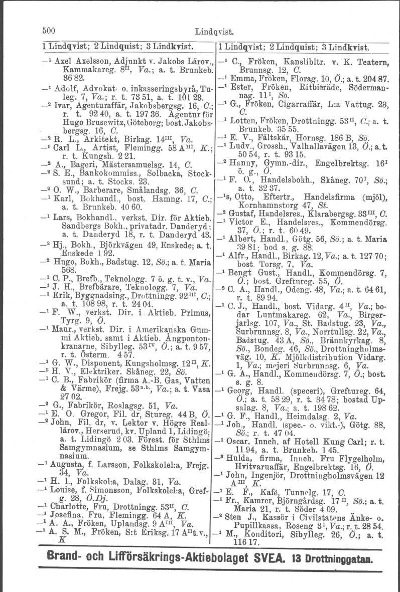 500 Lindqvist. 1 Lindqvist; 2 Lindquist; 3 Lindkvist. ~~~~~~~~..,,,~=;~ 1 Lindqvist; 2 Lindquist; 3 Lindkvist. _l Axel Axelsson, Adjunkt v. Jakobs Lärov., ' C., Fröken, Kanslibitr. v. K. Teatern, Kammakareg.