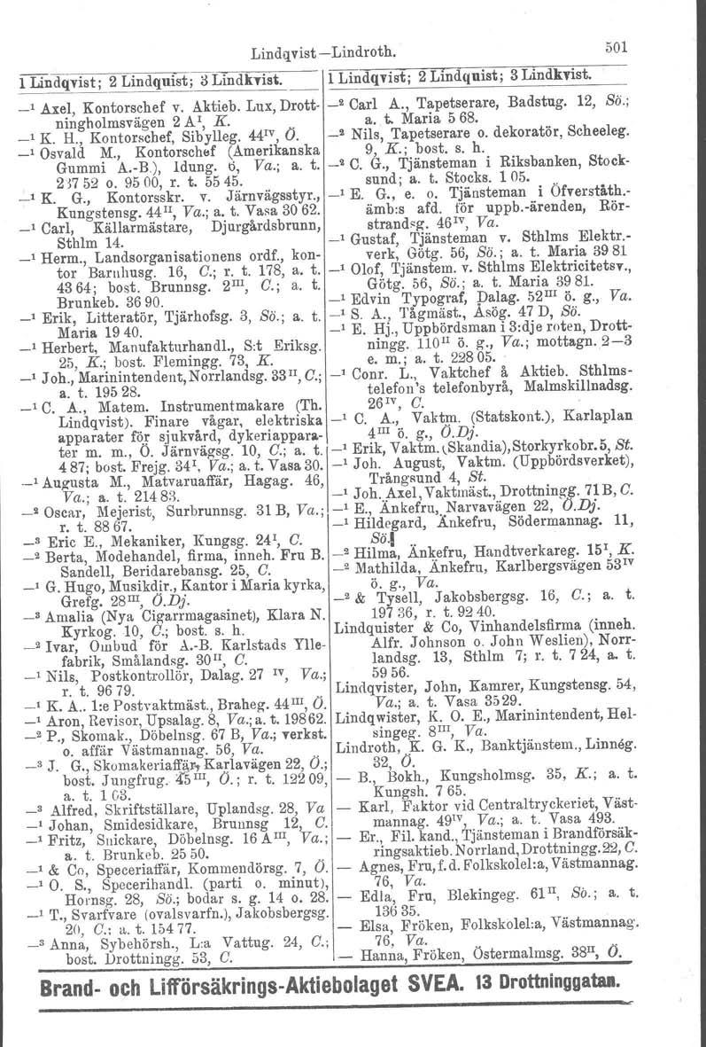 LindqvistLindroth. 501 1 Lindqvist; 2 Lindquist; il Lindhist 1 Lindqvist; 2 Lindquist; 3 Lindkvist. _1 Axel, Kontorschef Lux, Drott v. Aktieb. _2 Carl A., Tapetserare, Badstag. 12, So.