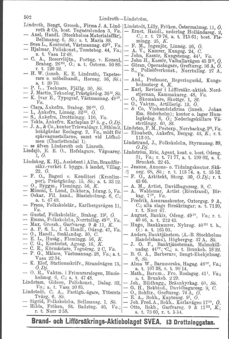 502 LindrothLindsiröm. Lindroth, Bengt, Grossh., Firma J. A. Lind Lindstedt, Lilly, Fröken, Östermalmsg, 11, O. roth & Co, bost. 'I'egnerslunden 3, Va. Ernst, Handl., nederlag Holländareg.