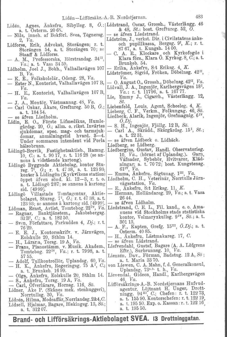 LidenLifförsäkr.A.B. Nordstjernan. 483 Liden, AKIles. Änkefru, Sibylleg. 8, O.; Lidstrand. Oscar, Grossh., Västerlångg. 46 a. t. Osterm. 20 6~. & 48, St.: bost. Greftureg. 52, O. _ Nils, inneh.