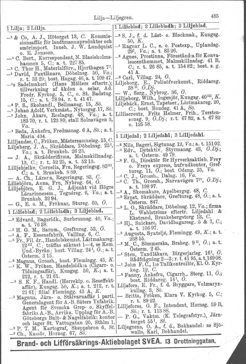 LiljaLiljegren. 485 1 Lilja; 2 Lillja. 1 Lilieblad; 2 Liliebladh; 3 Liljeblad. _1 & Co, A. J., Hötorget 13, C. Kommis ' S. J., f. d. Läst o. Blockmak., Kungsg.