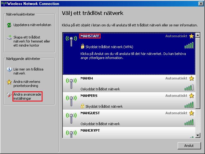 Installation/instruktion BIT Support Redigerad: Peter Leanderz 2011-07-27 Trådlöst nätverk MAHSTAFF Windows XP Konfiguration av trådlöst nätverk MAHSTAFF i Windows XP. OBS!