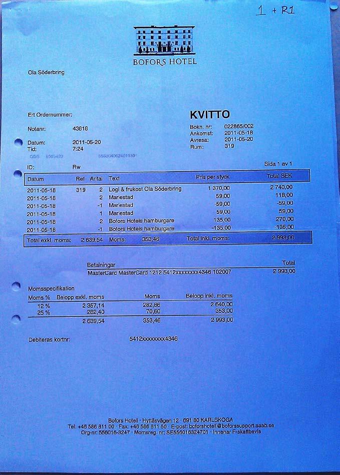 Högst upp på kvittot anger ni radnumret som kvittot har på er reseräkning. Är det en representation skriver ni ett R framför numret.