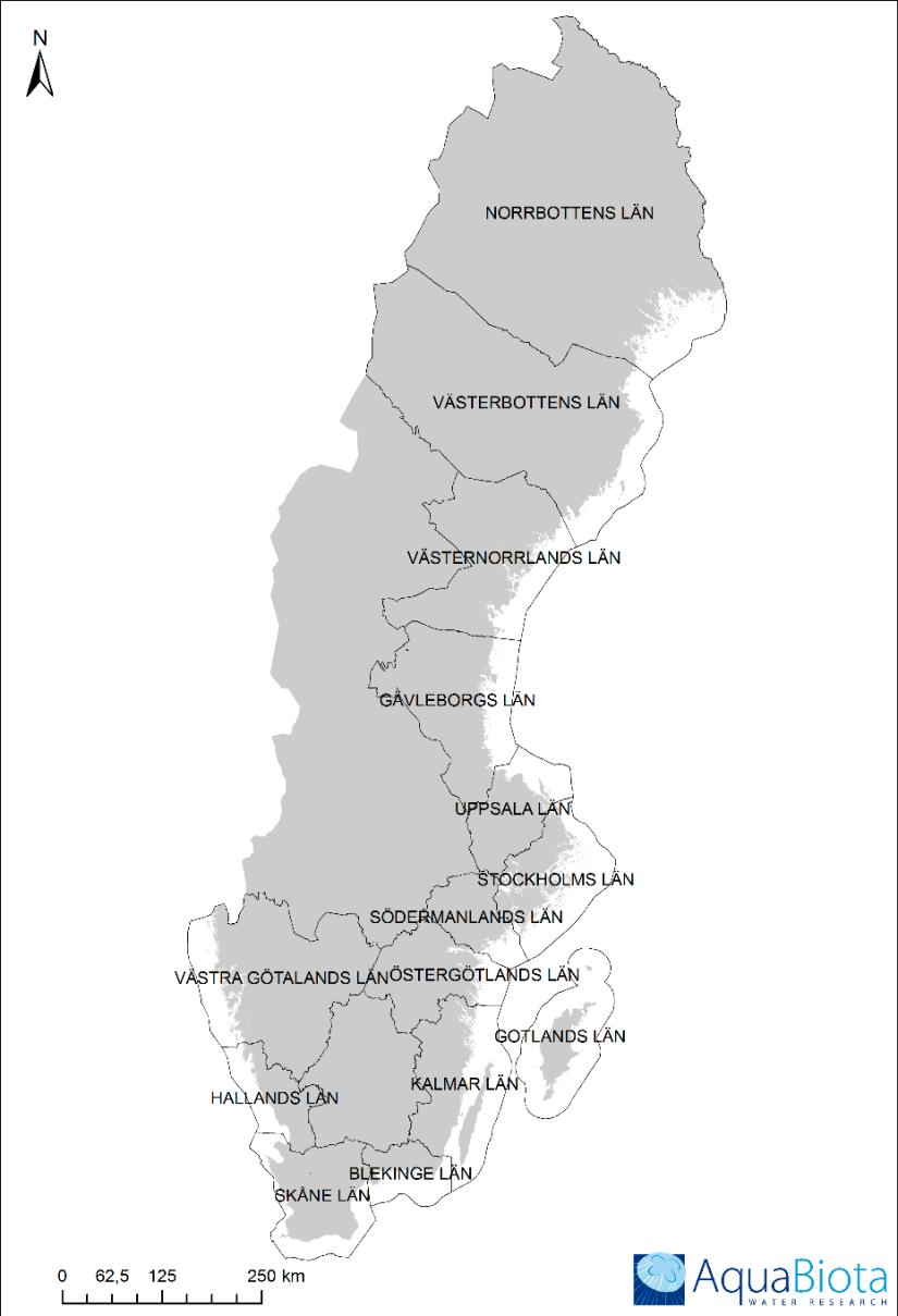 Insamling av befintliga marinbiologiska inventeringsdata in data från inventeringar och program utförda inom bl.a. kommuner och samordnad recipientkontroll. Figur 1. Karta över 14 kustlän.