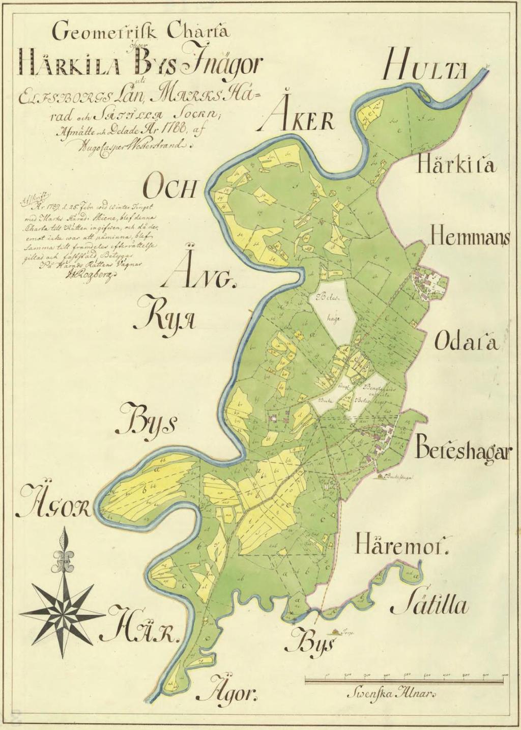 Figur 2. Inägorna till Härkila 1788. I den södra kanten ses den nedre delen av Gärån. Flera kvarnar ses väster om vägen.