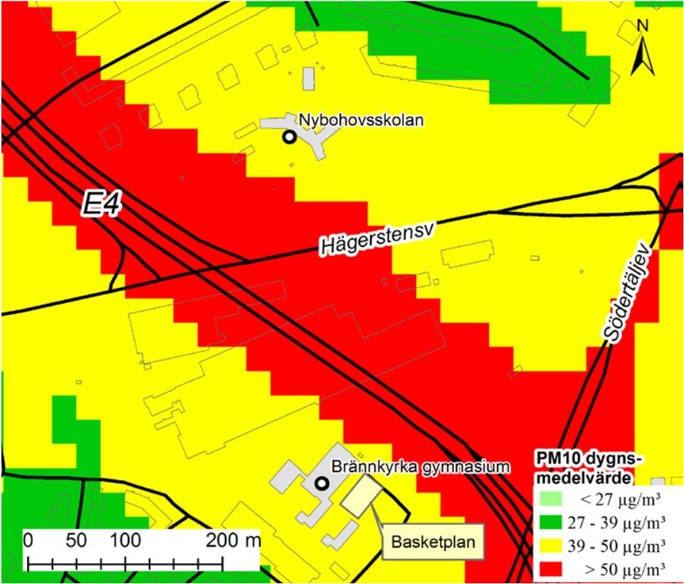 Luft i närheten av Midsommarkransens gymnasium (fd. Brännkyrka) Resultat från spridningsberäkningen av PM10 vid Brännkyrka gymnasium visas i figuren.