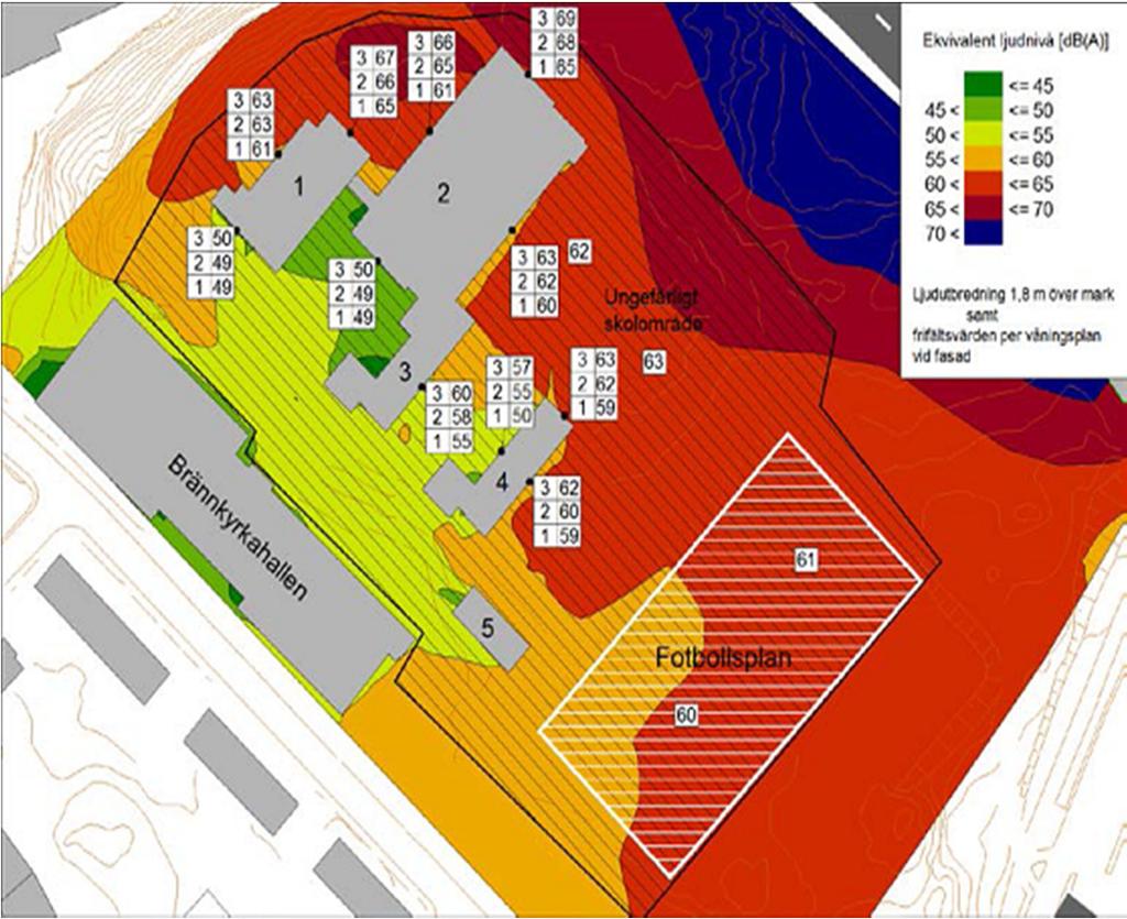 Buller vid Midsommarkransens gymnasium Den tilltänkta skolgårdsytan (svart ring) ligger delvis i område med