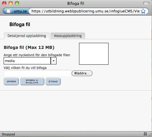 2010-04-16 Sid 8 7. Klicka på knappen Bläddra och leta upp och välj en bild som du vill lägga in i InfoGlue. Klicka på Spara och avsluta. Nu ser du att filen finns bifogad till innehållet.