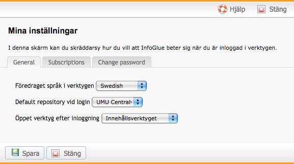 2010-04-16 Sid 2 Ändra inställningar 3. Klicka på My settings eller Mina inställningar som du hittar i fönstrets övre högra hörn. 4. Här väljer du hur InfoGlue ska bete sig vid kommande inloggningar.