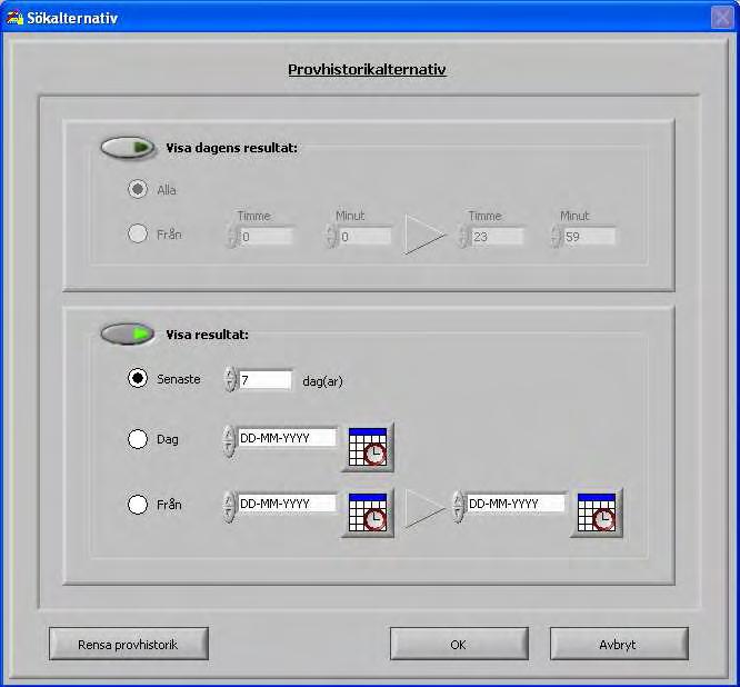 Auto-Compact programvara 5.3.11. Historik prov analys alternativ dag Gör ett val ur alla resultat från idag eller bara idags resultat mellan starttid och sluttid. 5.3.12.