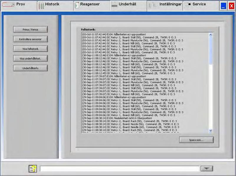 Auto-Compact programvara 5.5.3. Visa felhistorik Vid sensoralarm visas en larmindikator i tabellen UNDERHÅLL. Alla fel som inträffar under driften loggas automatiskt.