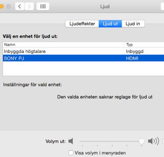 ➊ Gå till menyn apple och välj Systeminställningar. ➋ Klicka på högtalaren Ljud ➌ Klicka på fliken Ljud ut och välj enhet SONY PJ (som projektorn heter i detta fall).