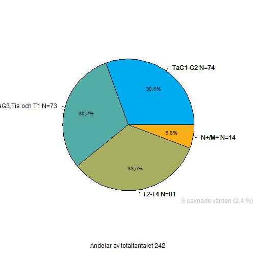 Uppdelat efter diagnos ser stadierna ut så här för de nya diagnoserna: TaG1-G2 TaG3,Tis och T1 T2-T4 N+/M+ <NA> Njurbäckencancer 31 (26%) 21 (18%) 62 (52%) 6 (5%) 1 Uretärcancer 38 (37%) 44 (42%) 15