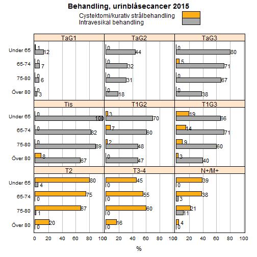 För att ge en bild över vårdförloppet i tid kan man relatera datum varje händelse till datum för TUR-B, som i den följande figuren. Negativa värden betyder dagar före TUR-B.