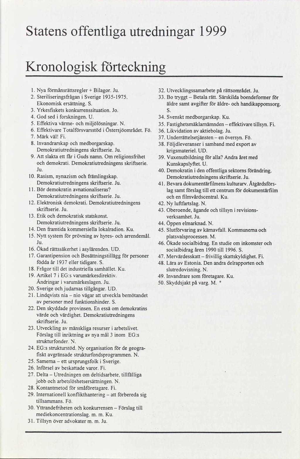 Statens offentliga utredningar 1999 Kronologisk förteckning Nya förmånsrättsregler+ Bilagor. Ju. 32. Utvecklingssamarbete rättsområdet.ju.. Sterilisermgsñágani Sverige1935-1975. 33.