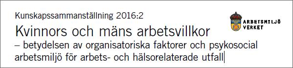 Vanligare hos kvinnor Vanligare hos män Organisatoriska faktorer DelZdsarbete Ski[arbete Tillfälliga anställningar Psykosociala faktorer Olika typer av krav Spänt arbete EmoZonella krav Låg kontroll