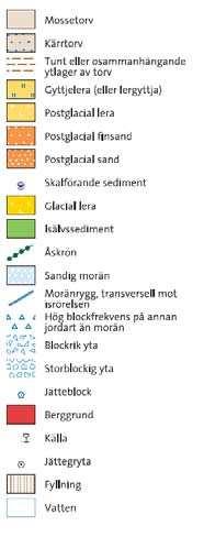 Jordartskartan från Sverige geologiska undersökning(sgu), se figur 2 nedan, visar att om rådet dom ineras av postglacial sand/ finsand m ed berg i dagen i de östra delarna. Figur 2.