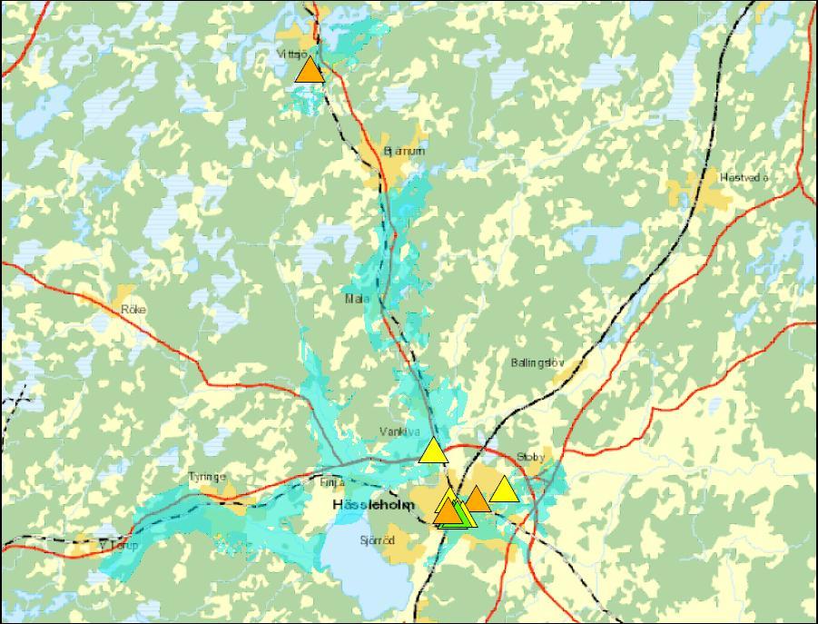Figur. Samtliga inventerade objekt inom grundvattenförekomster i Hässleholms kommun. Ett objekt ligger i Vittsjö, medan resterande objekt ligger i eller i närheten av Hässleholm.