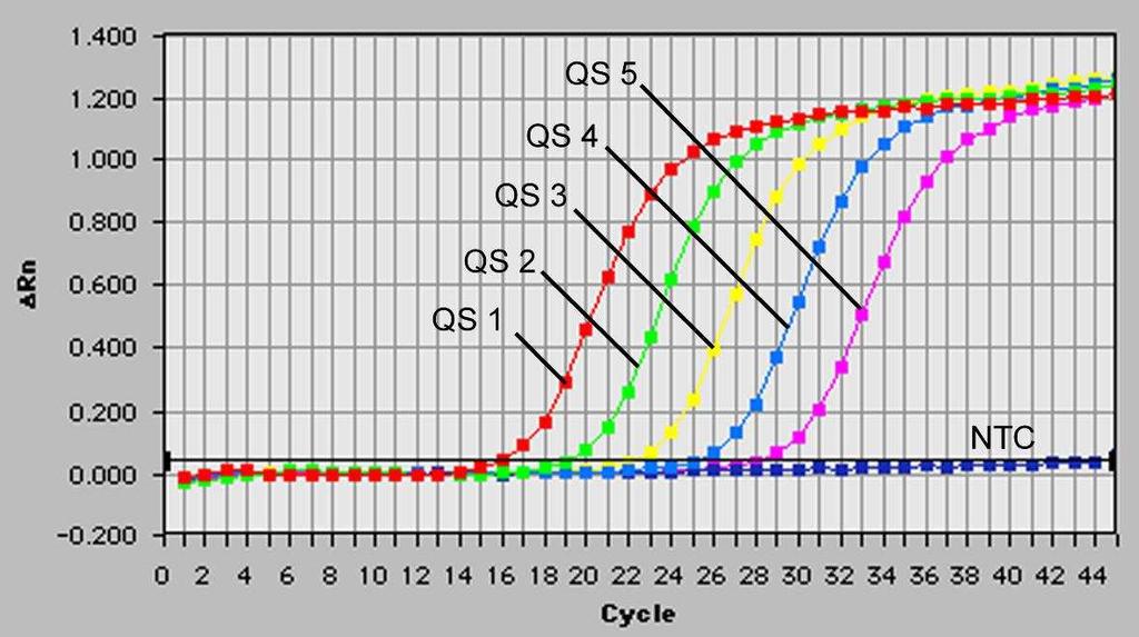 Fig. 25: Detektion av Kvantifieringsstandarderna (Parvo B19 TM QS 1-5) genom detektion av en