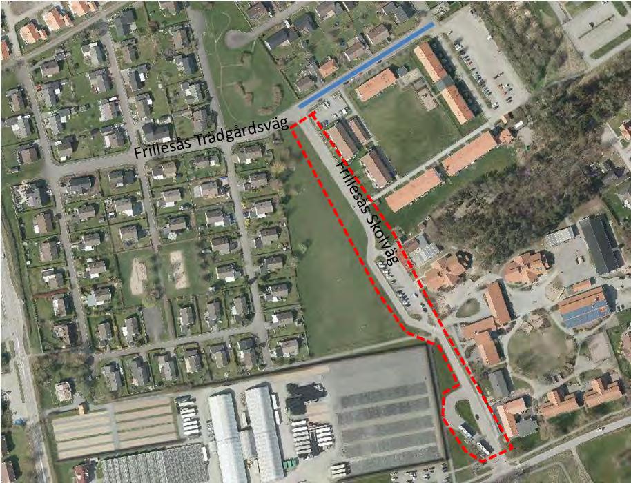 2 (2) KUNGSBACKA KOMMUN Rödmarkerat område regleras som parkeringsförbudsområde Längs den blåmarkerade sträckan på Frillesås Trädgårdsväg