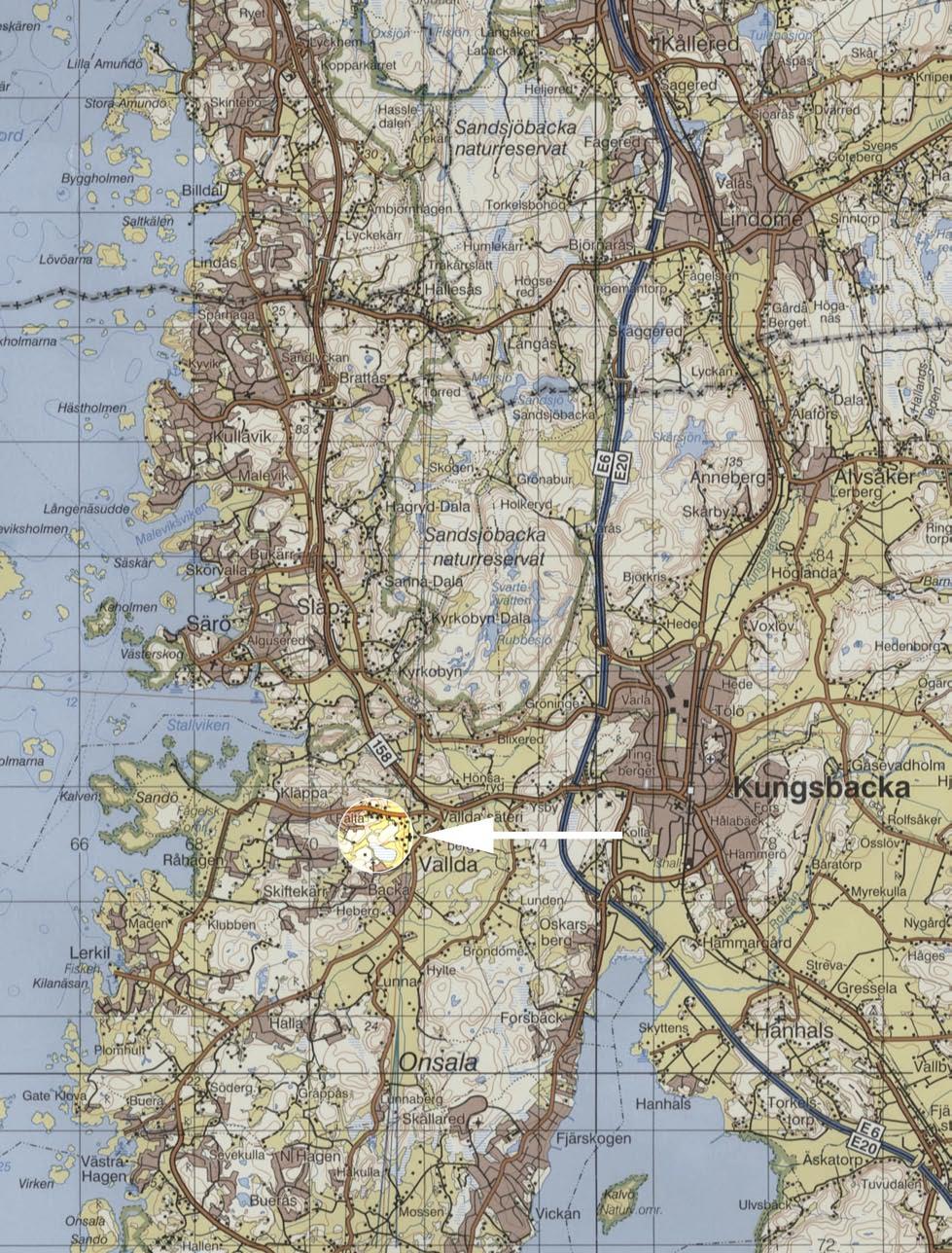 Fig. 2. Utsnitt ur Blå kartan, blad 61 Göteborg, med platsen för undersökningen markerad. Skala 1:100 000.