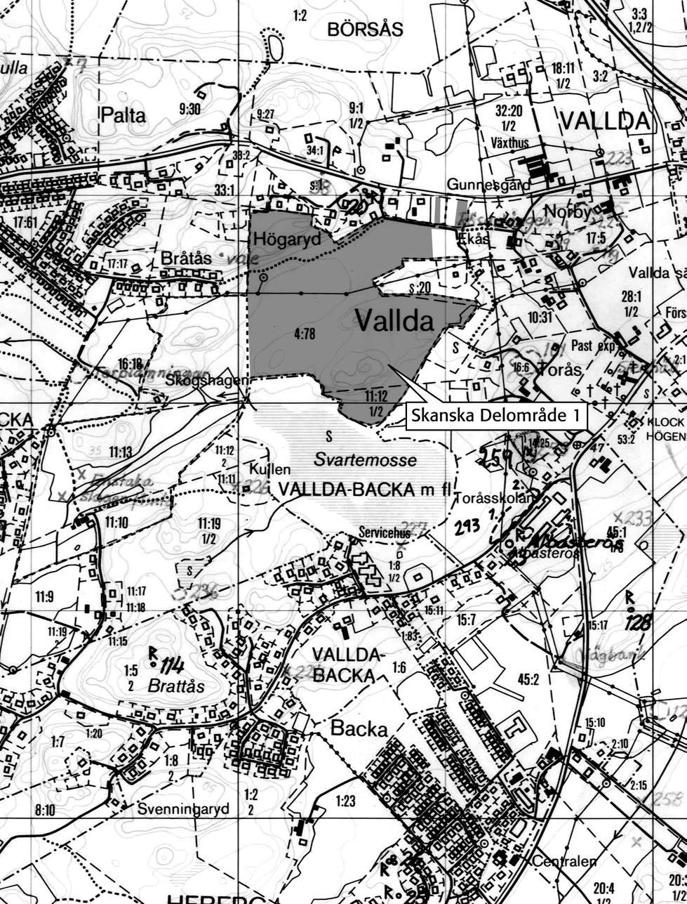 Fig. 3. Utsnitt ur Fastighetskartan, blad 6B 5e, med undersökningsområdet markerat. Skala 1:10 000.