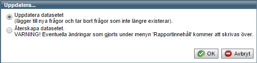 Generera om fördefinierade rapporter efter att frågor har ändrats Om du ändrar på frågor i en enkätmall som en fördefinierad rapport bygger på, är det nu möjligt att generera om rapporten efter att