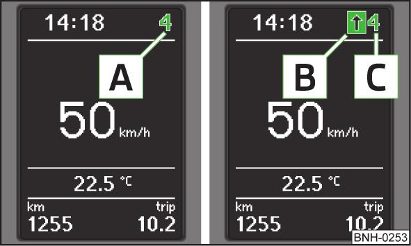 Växelrekommendation Bild 9 Information om ilagd växel/växelrekommendation på sidan 23. Information om ilagd växel På kombiinstrumentets display visas den just ilagda växeln A» bild 9.