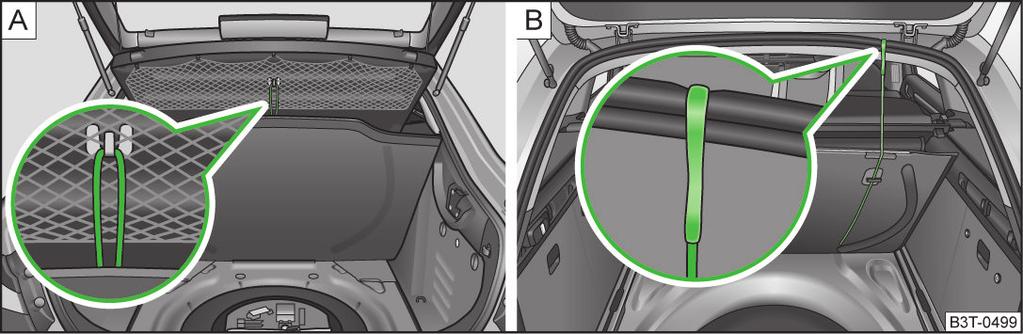 Superb Combi: Tryck på den nedre delen av kroken B och fäll denna neråt i pilens riktning 2» bild 83. Bagagenät VIKTIGT Den maximalt tillåtna belastningen för krokarna är 7,5 kg.