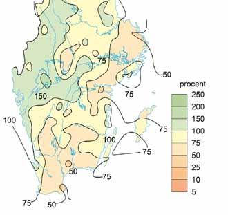 Nederbörd Nederbördsmängden varierade mellan 25-50 mm, vilket ligger något under normala värden för