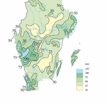 De sydöstra delarna fick något högre temperatur.