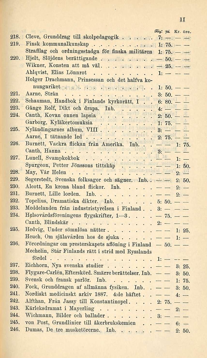 6: 1: 11 75 218 Cleve, Grunddrag tili skolpedagogik 9ihf -fli Kr öre 7: 219 Finsk kommunalkunskap 1: 75 Strafflag och ordningsstadga för finska militären 1: 75 220 Hjelt, Slöjdens berättigande 50