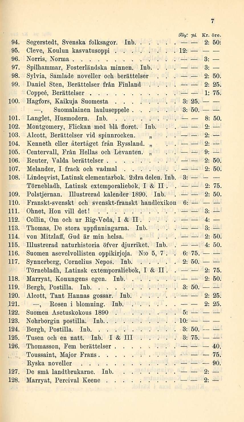 &mf 7 'li Kr öre, 94 Segerstedt, Svenska folksagor Inb 50: 95 Cleve, Koulun kasvatusoppi 1 96 Norris, Norma 3: 97 Spilhammar, Fosterländska minnen Inb 3: 98 Sylvia, Samlade noveller ooh berättelser