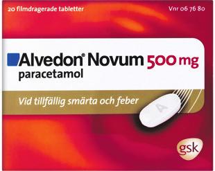 7,5 ml Alvedon Tablett 500 mg* Receptfritt läkemedel mot tillfällig värk och feber (paracetamol).