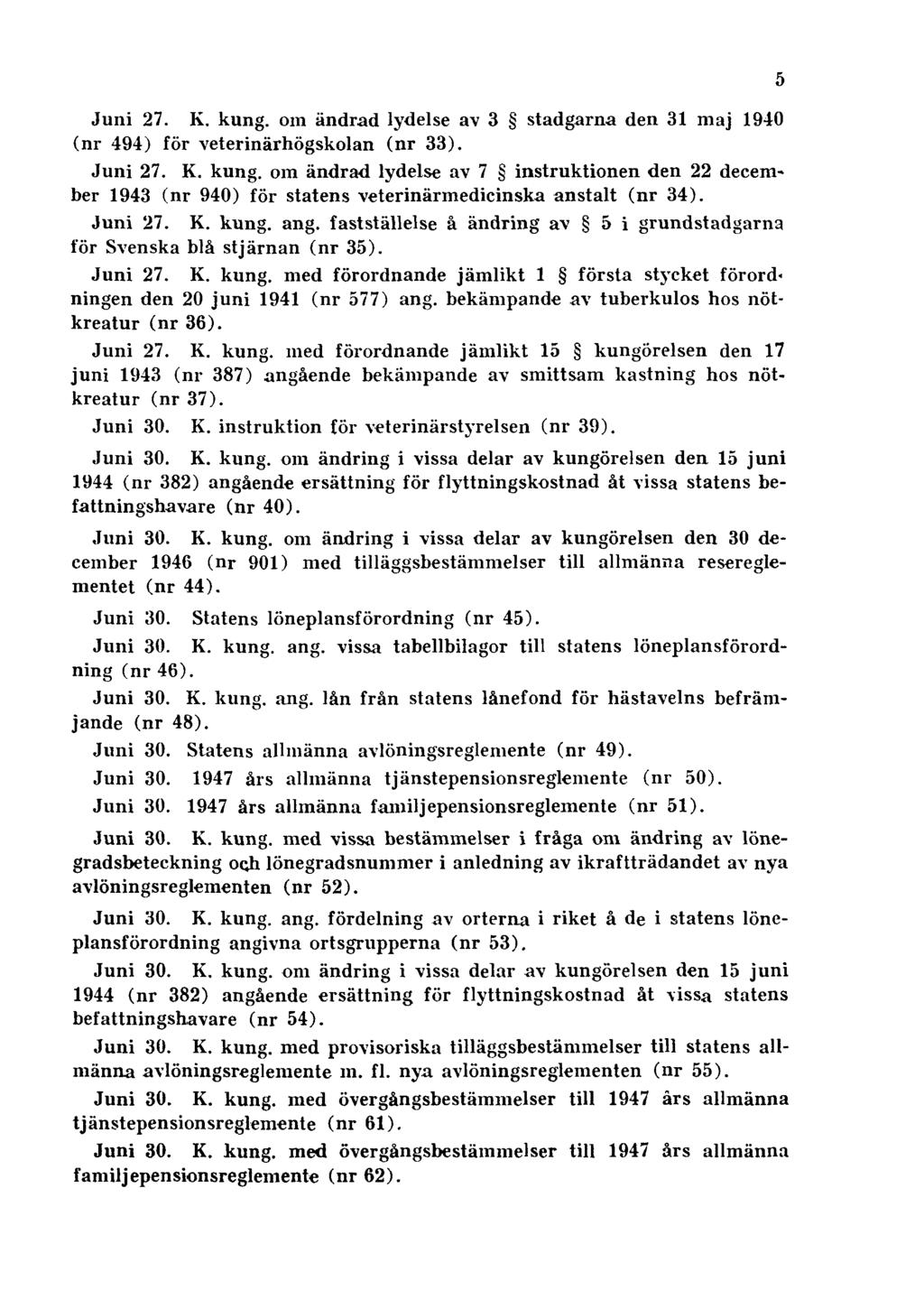 Juni 27. K. kung. om ändrad lydelse av 3 stadgarna den 31 maj 1940 (nr 494) för veterinärhögskolan (nr 33). Juni 27. K. kung. om ändrad lydelse av 7 instruktionen den 22 december 1943 (nr 940) för statens veterinärmedicinska anstalt (nr 34).