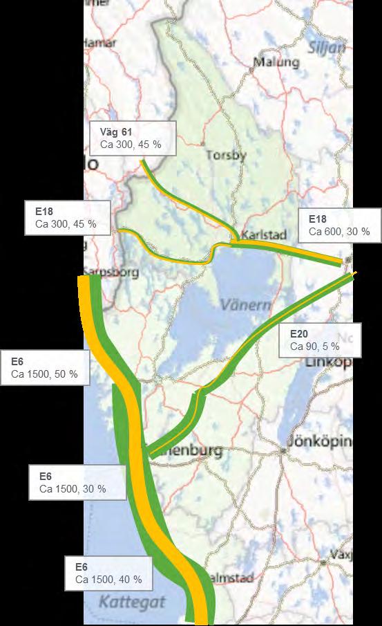 Figur 33: Transittrafik på väg genom region Väst, antal lastbilar per dygn samt andel av ÅDT för tung trafik.
