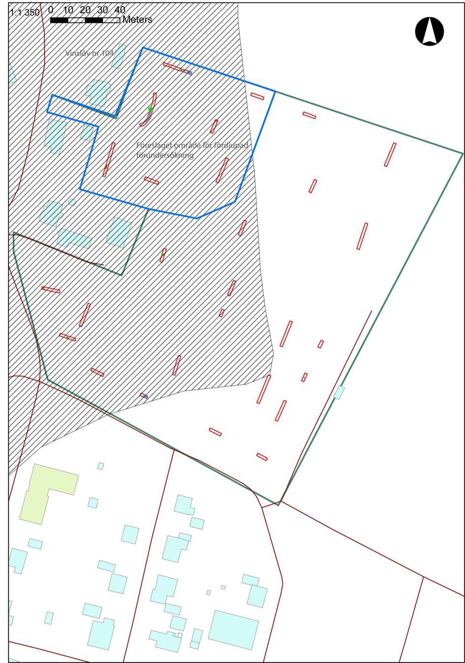 Bilaga 5 Resultat av den översiktliga förundersökningen, blå ram markerar område för bytomt/gårdsläge som föreslås bli föremål för