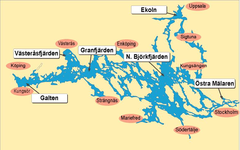 De lokaler som undersökts är markerade på kartan nedan. Fiskar från sammanlagt 6 fjärdar i olika delar av Mälaren har analyserats.