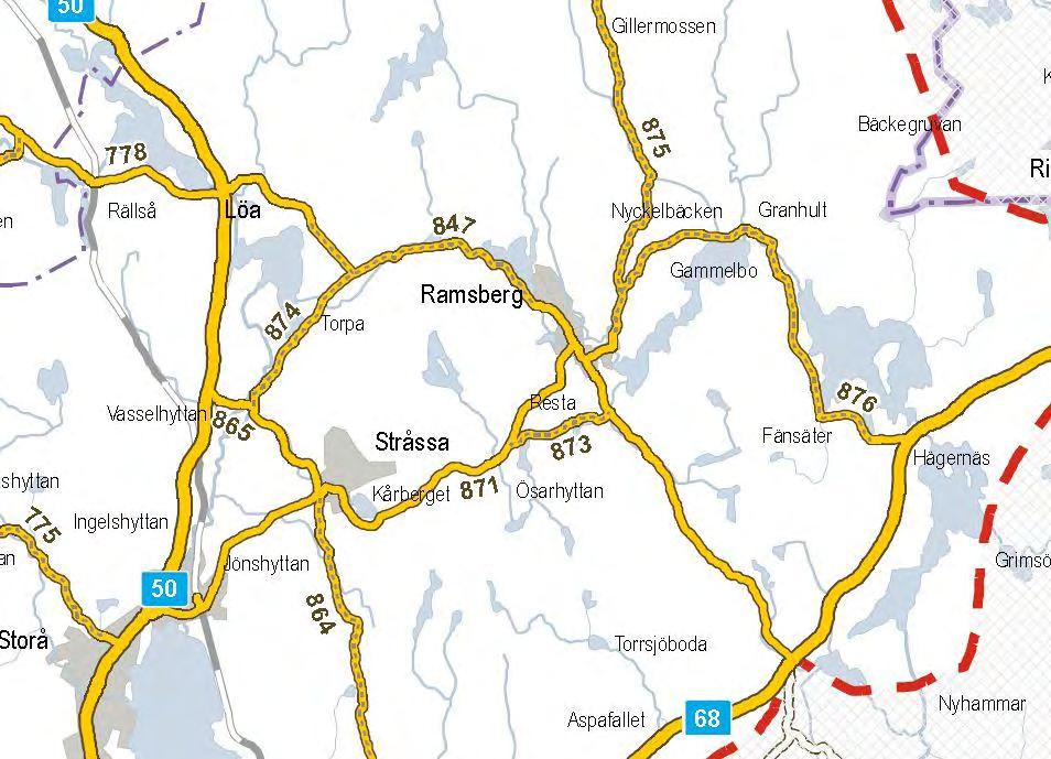 7. Väg 847 mellan Ramsberg och Ölsjön till Löa Driftsklass 4-5 Grusväg Viktning: Vägarna består till stor del av grusväg.
