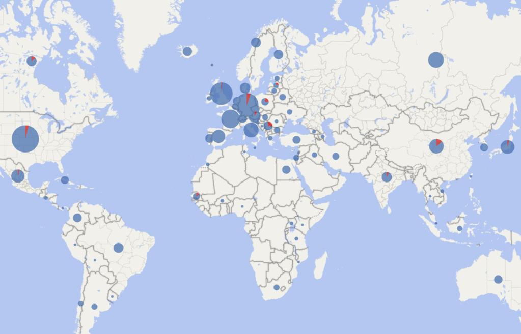 7.5 Geografisk fördelning Figur 1. Karta över spridningen av svenska konstnärers resor med Konstnärsnämndens stöd till residens, internationellt kulturutbyte och resebidrag under 2016.