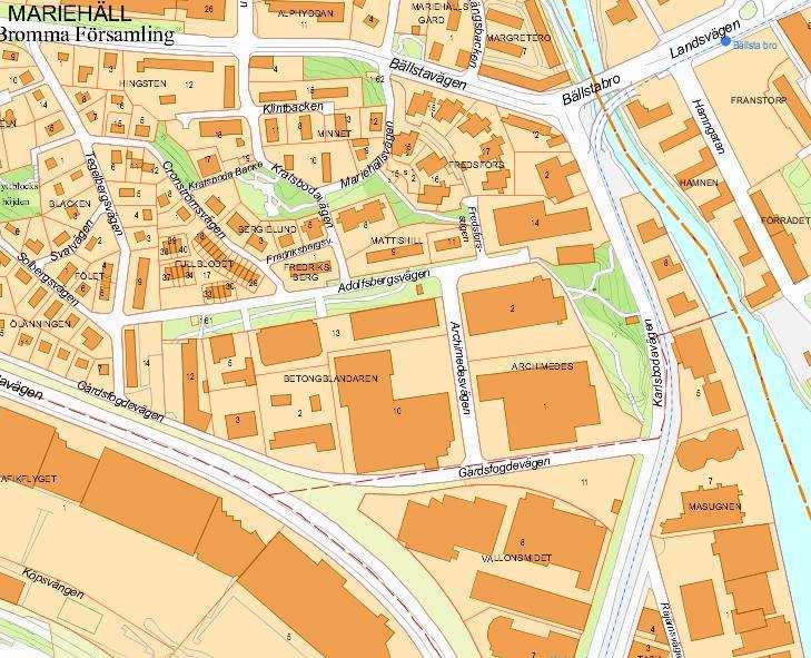 Sida 2 (16) Planområdet med Archimedes 1 och park/natur i Mariehäll 1:10 markerat med rött.