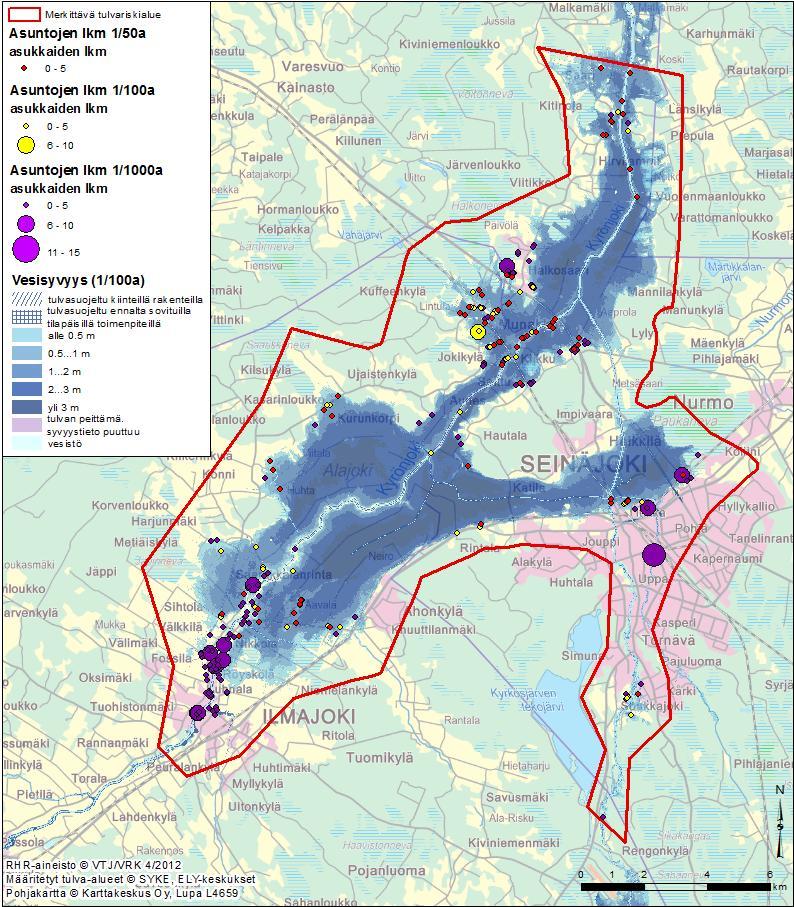 Rapport om karteringen av översvämningsrisker Bilaga 6. Bild 4. Byggnader för fast boende i översvämningsområdet vid återkomsttiderna 1/50a, 1/100a och 1/1 000a för översvämningar.