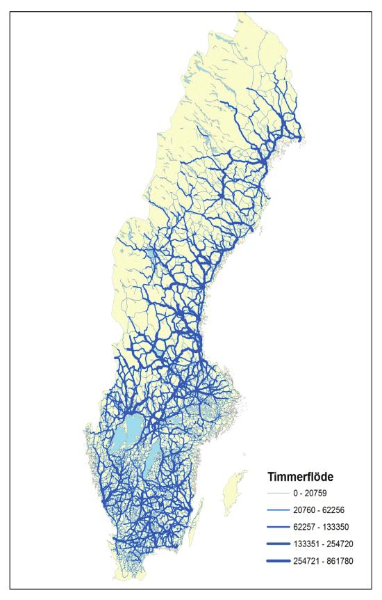 Figur 8. Skogforsk:s så kallade blodomloppskartor. Sveaskog har uppskattat hur en ev. järnväg mellan Kaunisvaara Svappavaara skulle kunna nyttjas utifrån ett skogsproduktionsperspektiv.