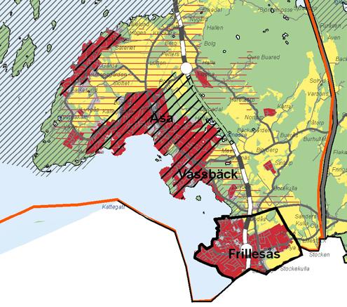 ÖP 06 I Kungsbacka översiktsplan 2006 redovisas ingen exakt avgränsning av Åsa tätort utan det föreslagna fördjupningsområdet markeras med snedstreckat område.