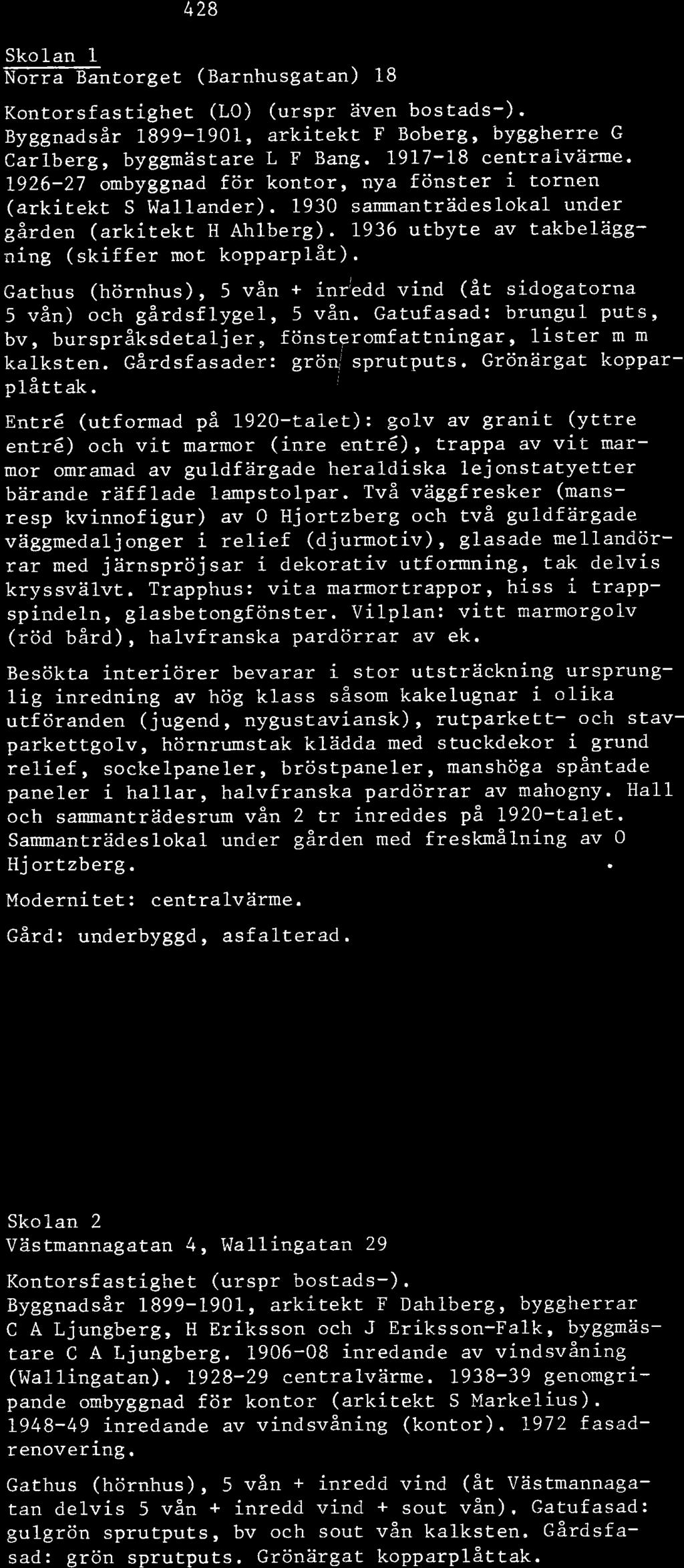 l936 utbyte av takbeläggning (skiffer mot kopparplåt). Gathus (hörnhus), 5 vån + inriedd vind (åt sidogatorna 5 vån) och gårdsflygel, 5 vån.