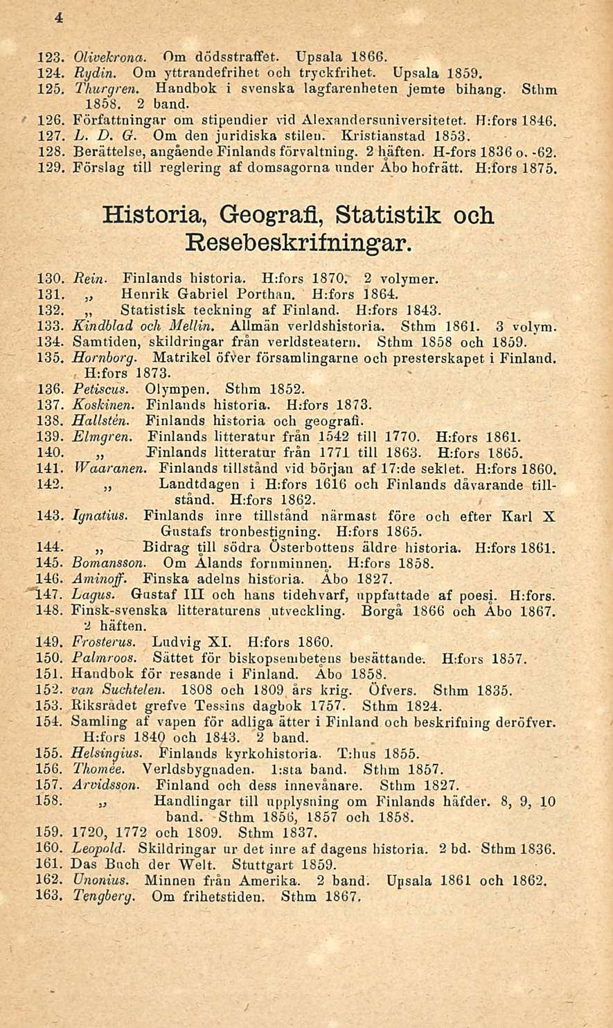 4 123. Olivekrona. Om dödsstraffet. Upsala 1866. 124. Rydin. Om yttrandefrihet och tryckfrihet. Upsala 1859. 125. Thurgren. Handbok i svenska lagfarenheten jemte bihang. Sthm 1858. 2 band. 126.