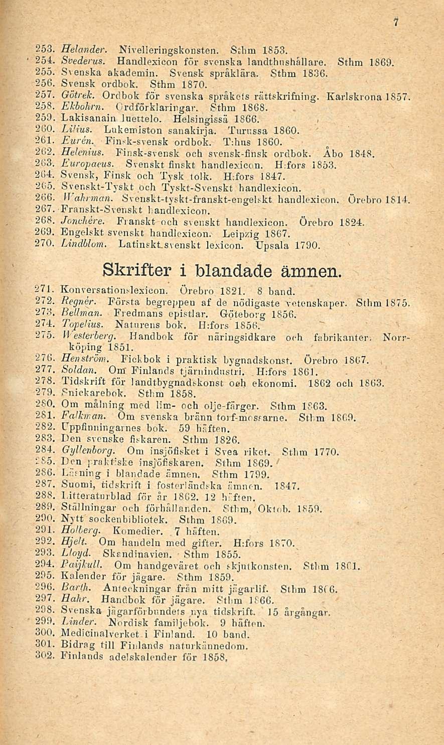 253. Helander. Nivelleringskonsten. Sthm 1853. 254. Svederus. Handlexicon för svenska landthnshållare. Sthm 1869. 255. Svenska akademin. Svensk språklära. Sthm 1836. 256. Svensk ordbok. Sthm 1870.