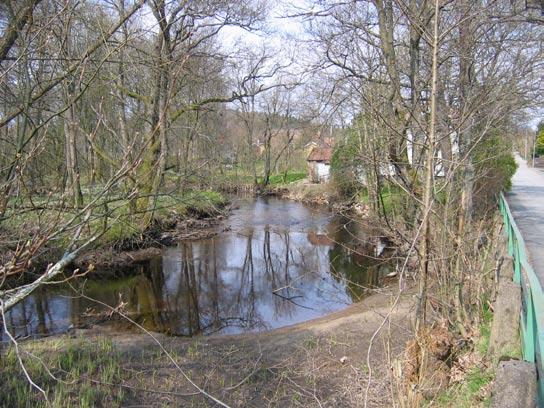 Provtagningslokalen för bottenfauna (kvantitativt prov) på delsträcka 4 av den biotopkarterade delen av Mölndalsån. På sparklokalen var bottenfaunasamhället måttligt artrikt och individtätheten hög.