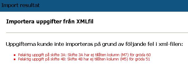 Om du har gjort kombinationer som inte är godkända kommer en fel lista att visas och importen kommer inte att genomföras.